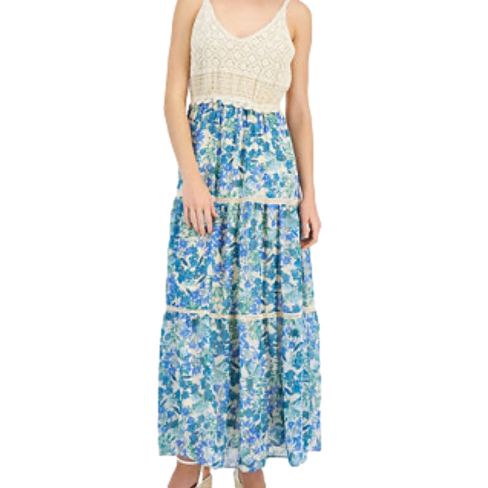 TAYLOR Crochet Bodice Maxi Dress Sz XS Blue Cream Floral pit t pit 15 length 54